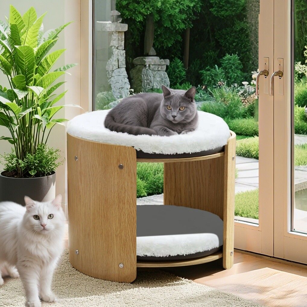 Elevated Double Cat Bed 2-Tier Wooden Plush Kitten Lounge