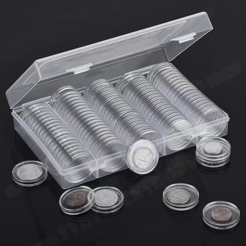 100PCS Clear Plastic Coin Holder Storage Box 20-30mm