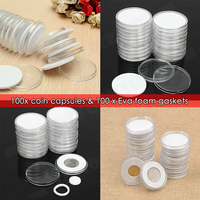 100PCS Clear Plastic Coin Holder Storage Box 20-30mm