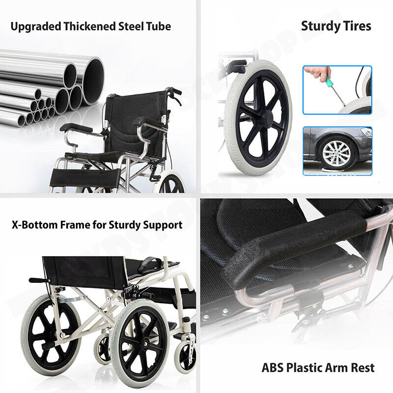 16 Lightweight Foldable Wheelchair Flat-Free Tires Handbrakes