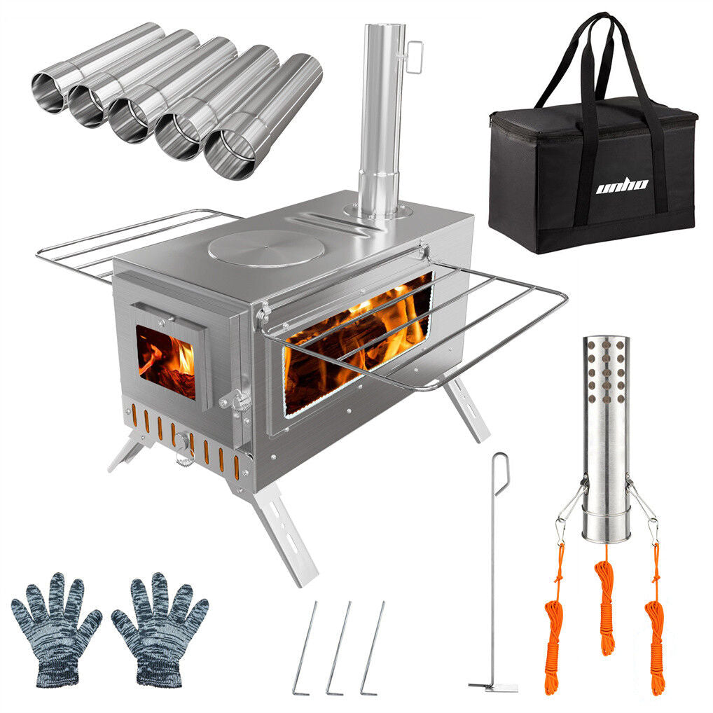 Stainless Steel Wood Burner Stove for Camping w/ Chimney &amp; Bag