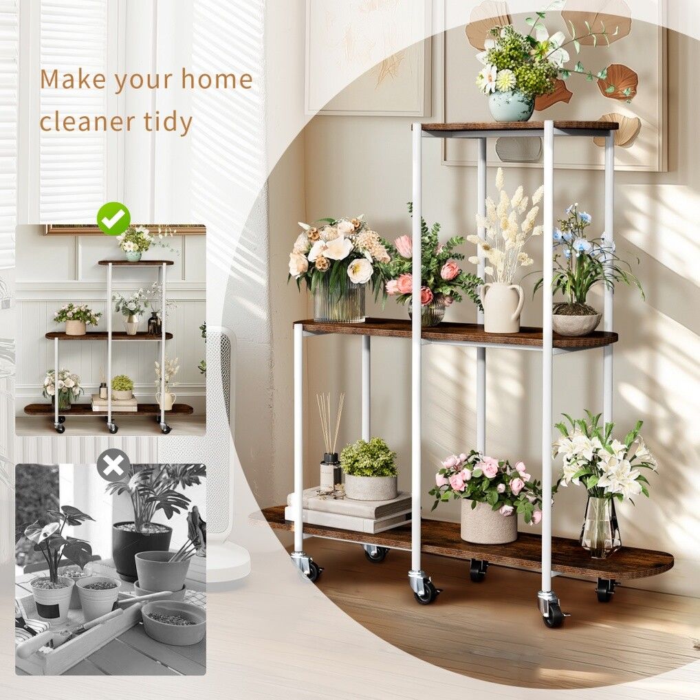 Plant Stand with Wheels Indoor Outdoor Flower Rack Display