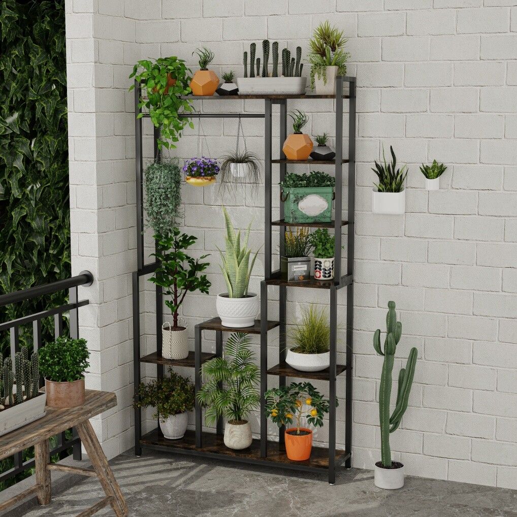 Plant Stand Shelf Rack with Hanging Rod Indoor Outdoor Display