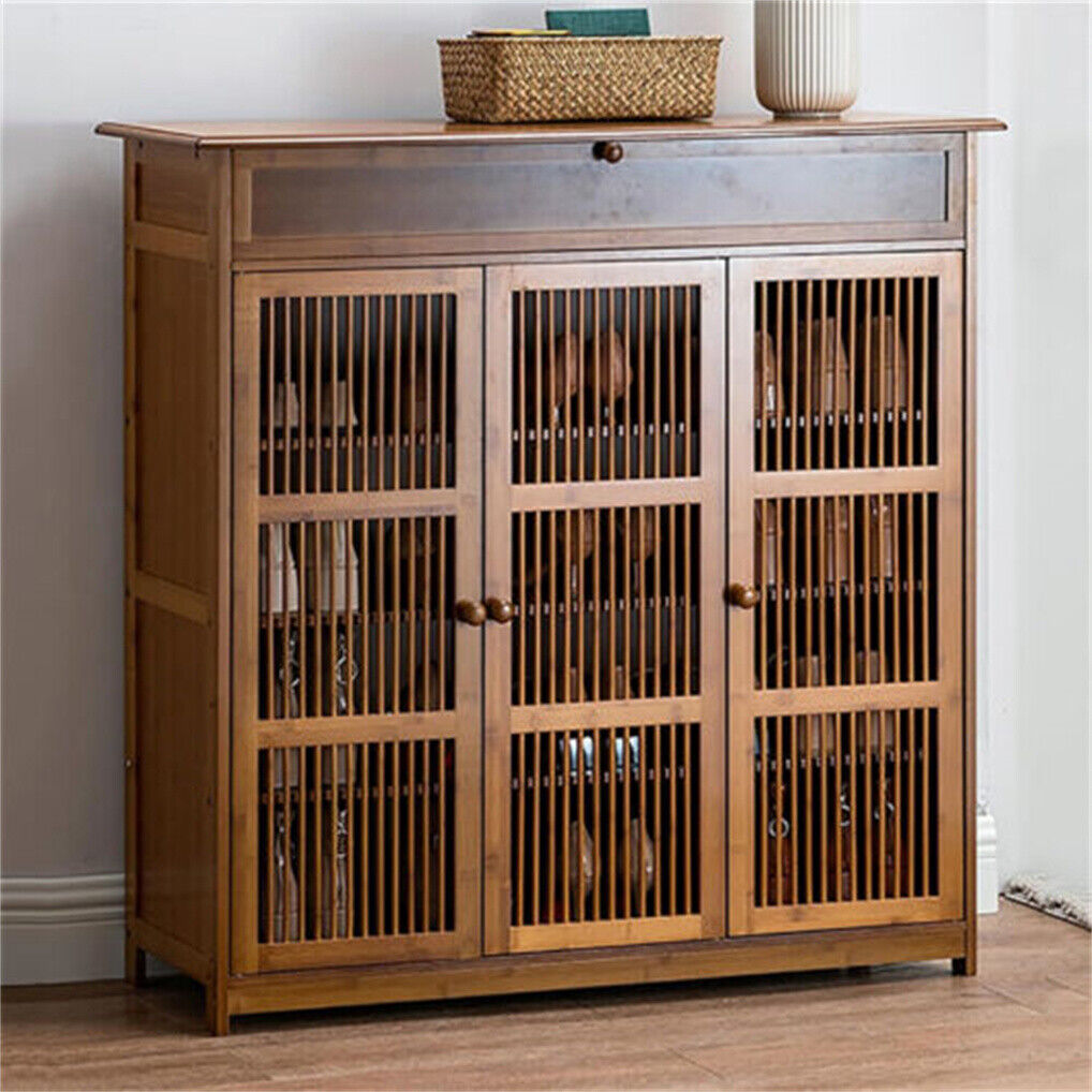 Wooden Shoe Rack XL 4 Tier 3 Doors Drawers Shelves Cabinet Organizer