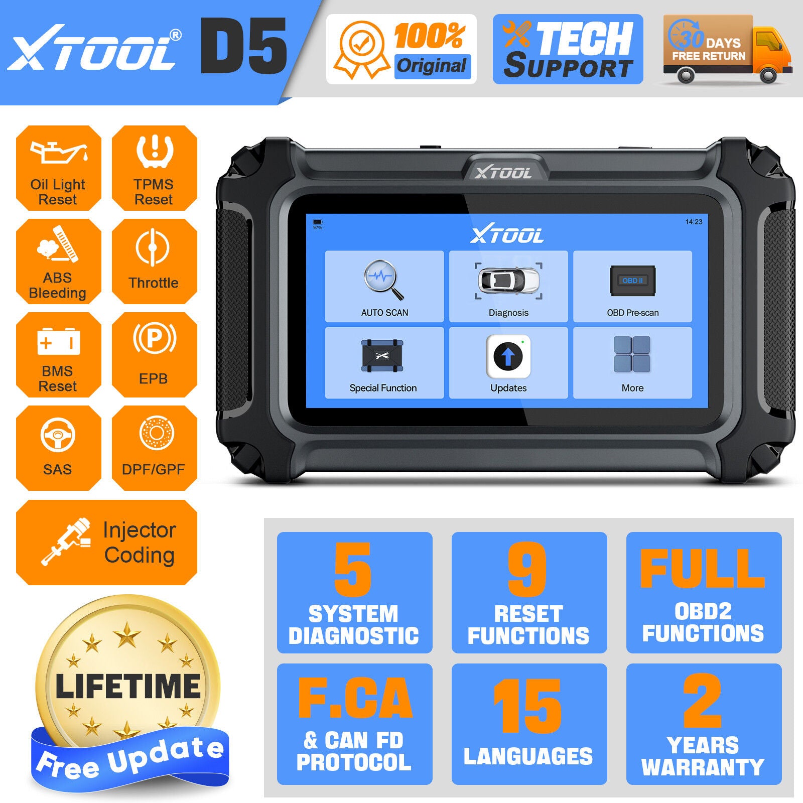 2025 D5 OBD2 Scanner ABS SRS Engine Diagnostic Tool