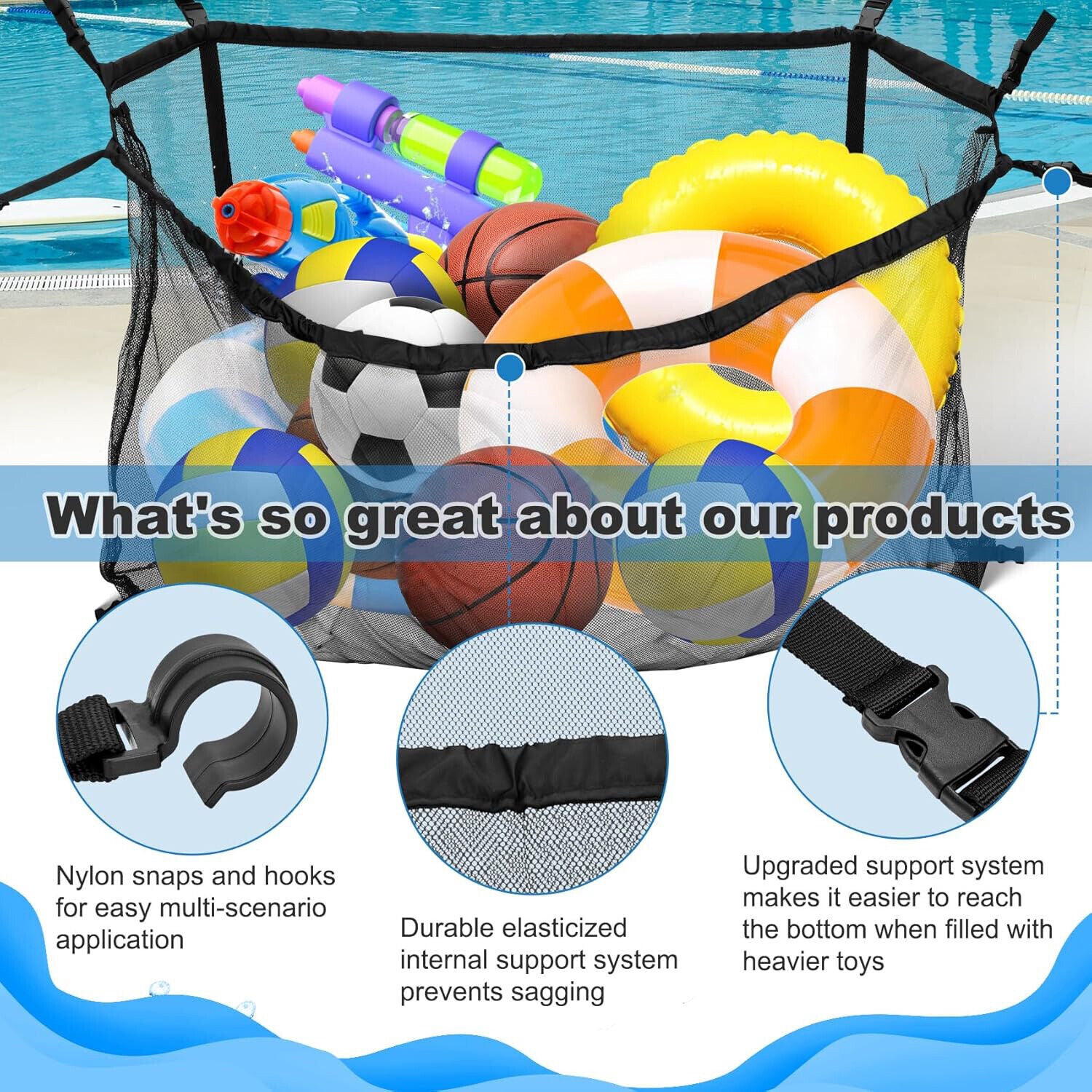 145x145CM Heavy Duty Pool Toy Storage Net Bag Adjustable Organizer