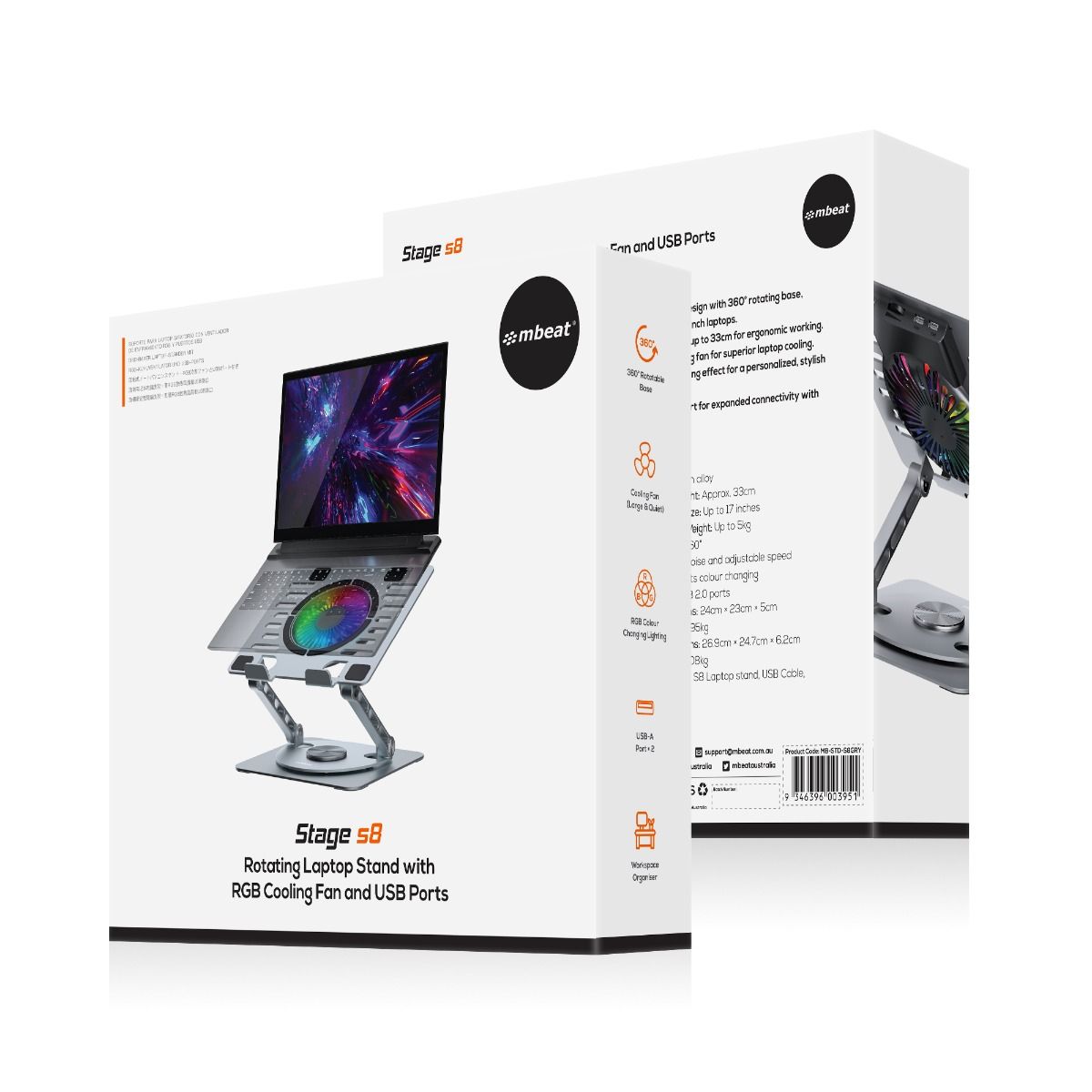 mbeat Stage S8 Rotating Laptop Stand with RGB Cooling Fan and USB Ports