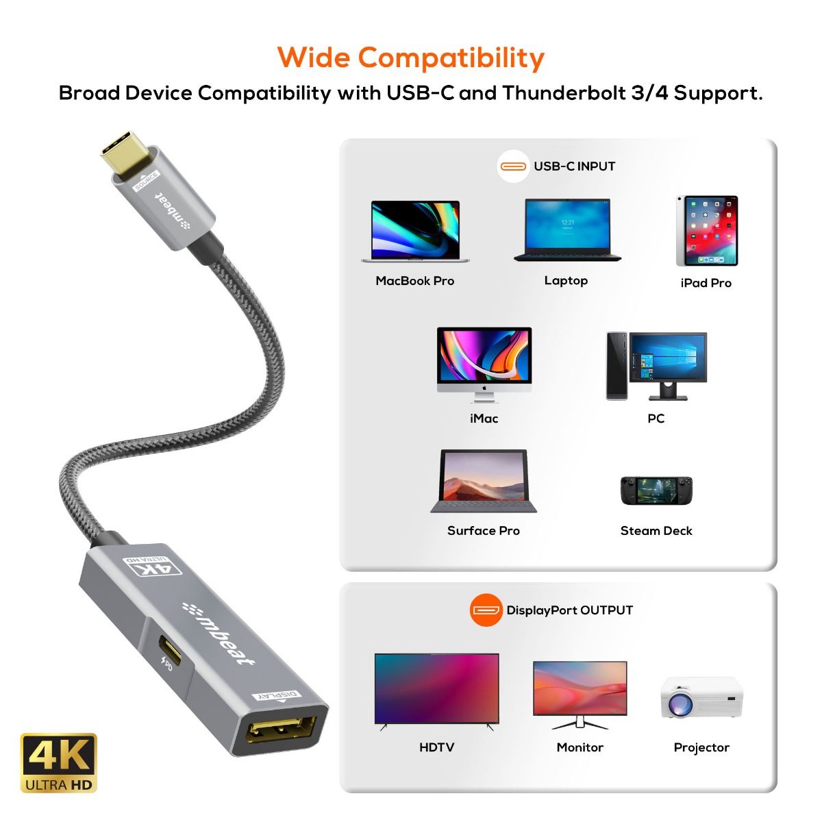 mbeat Tough Link USB-C to DP Adapter with 100W PD - Space Grey