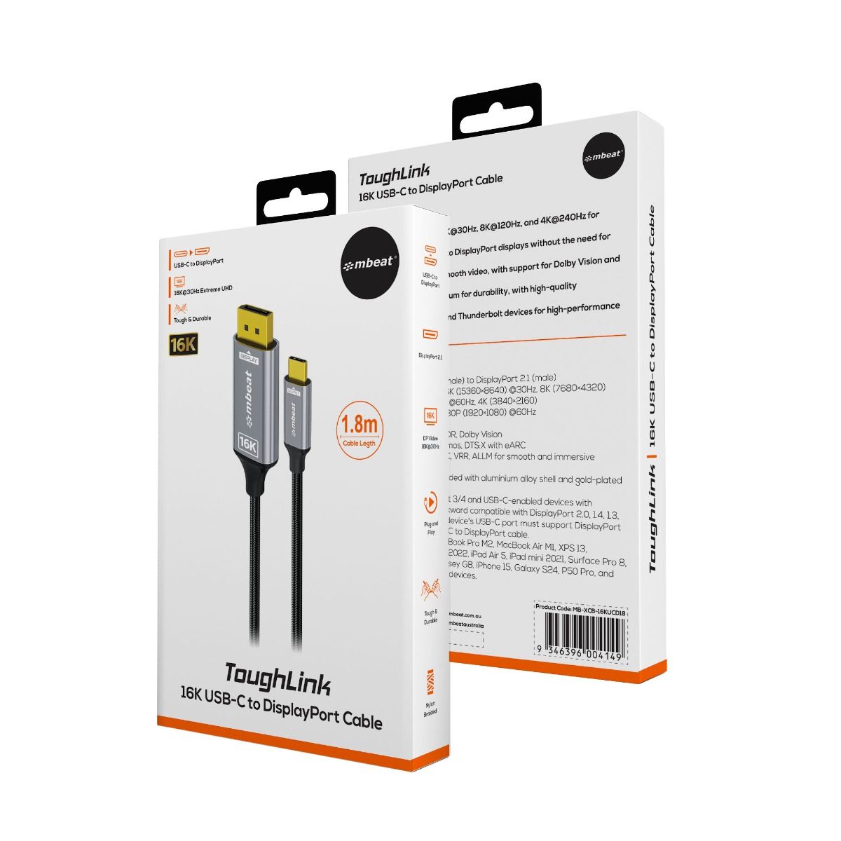 mbeat Tough Link 1.8m 16K USB-C to DP Cable - Space Grey