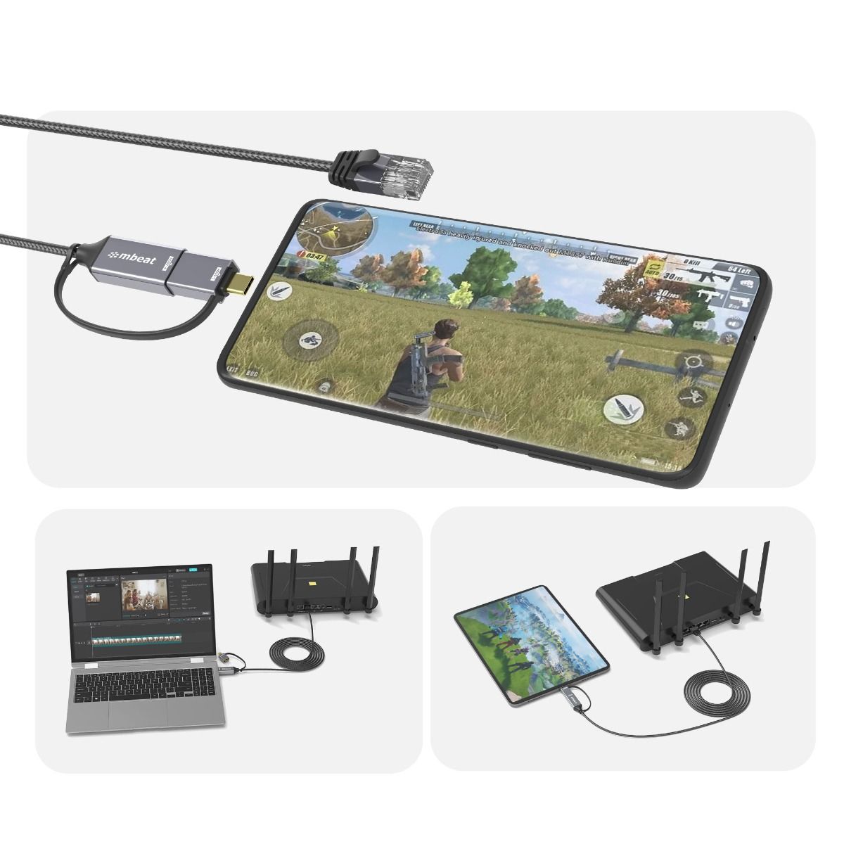 mbeat Tough Link 3m USB & USB-C to RJ45 Ethernet Cable - Space Grey