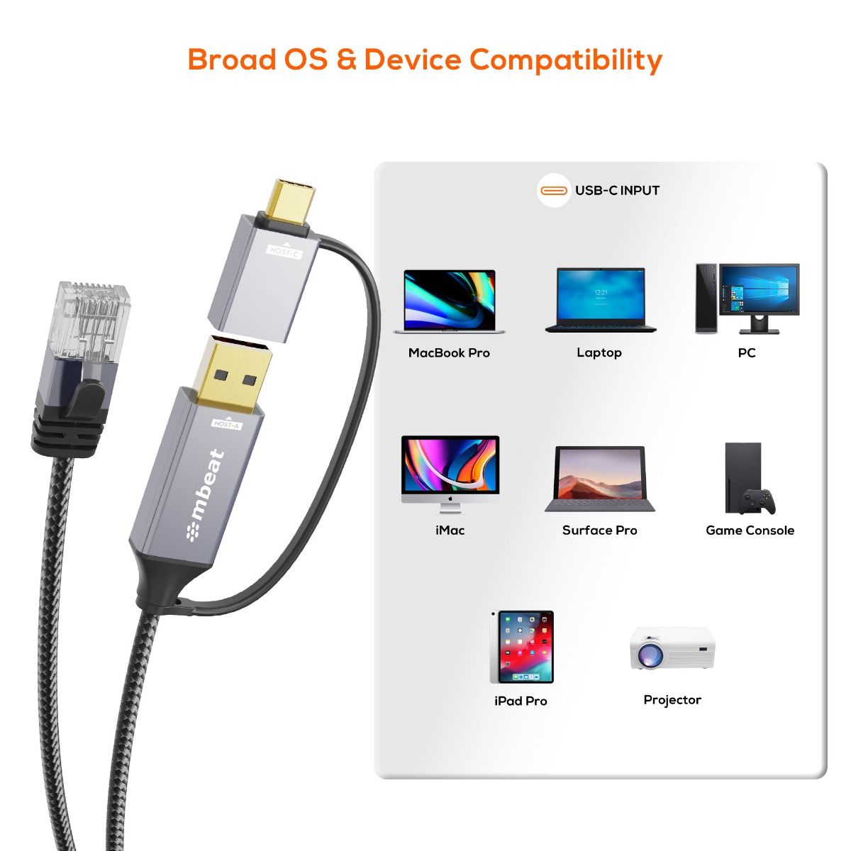 mbeat Tough Link 3m USB & USB-C to RJ45 Ethernet Cable - Space Grey