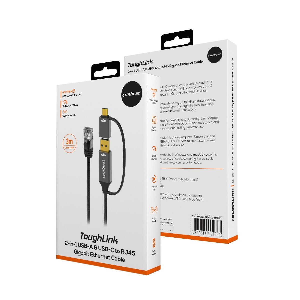 mbeat Tough Link 3m USB & USB-C to RJ45 Ethernet Cable - Space Grey