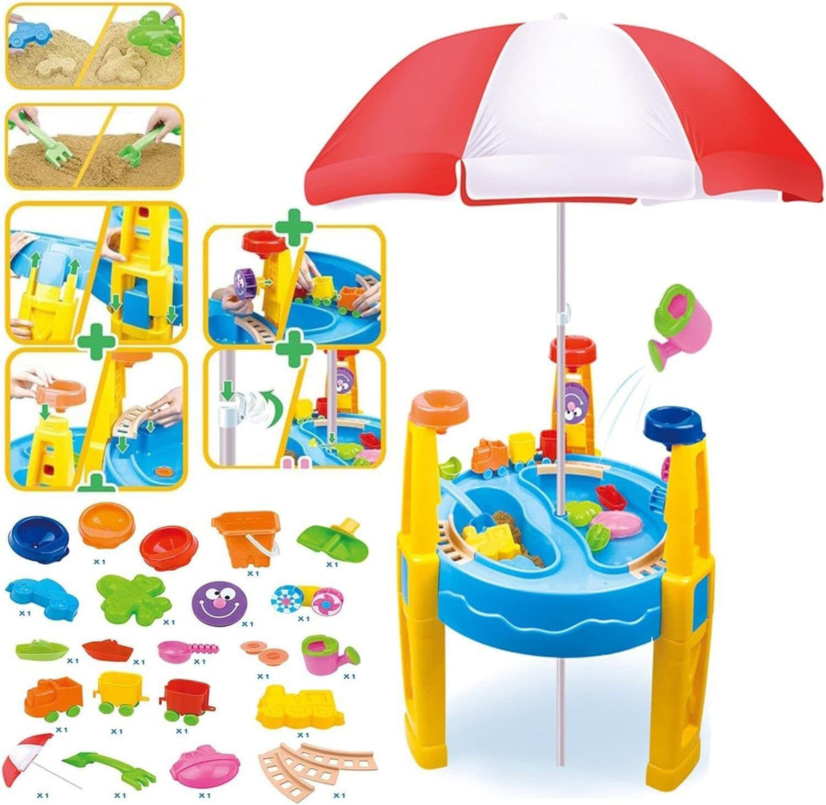 Outdoor Sand and Water Table Toy with Umbrella (28 Pcs Accessories)