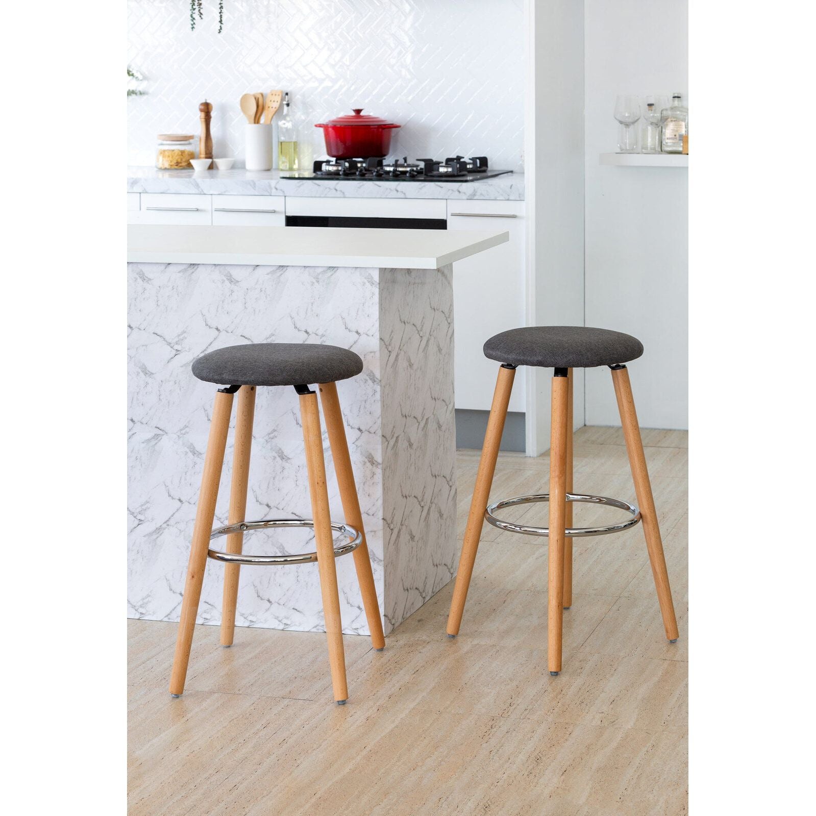 2 Cotton/Steel Modern Padded Barstools (Grey/Wood)