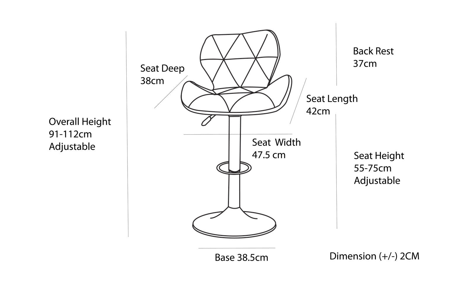 2 Comfortable Bar Stools (Black) w/ Adjustable Height, 90-112cm
