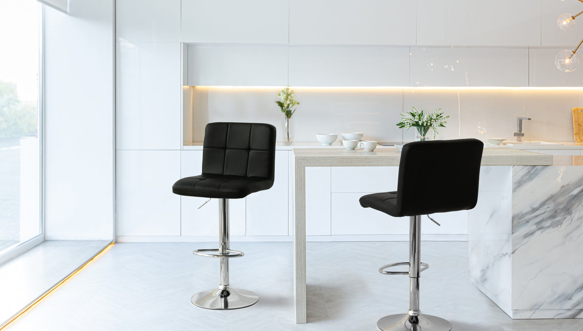 2 Tall Back Paddled Leather Barstools (Black), 90-110cm