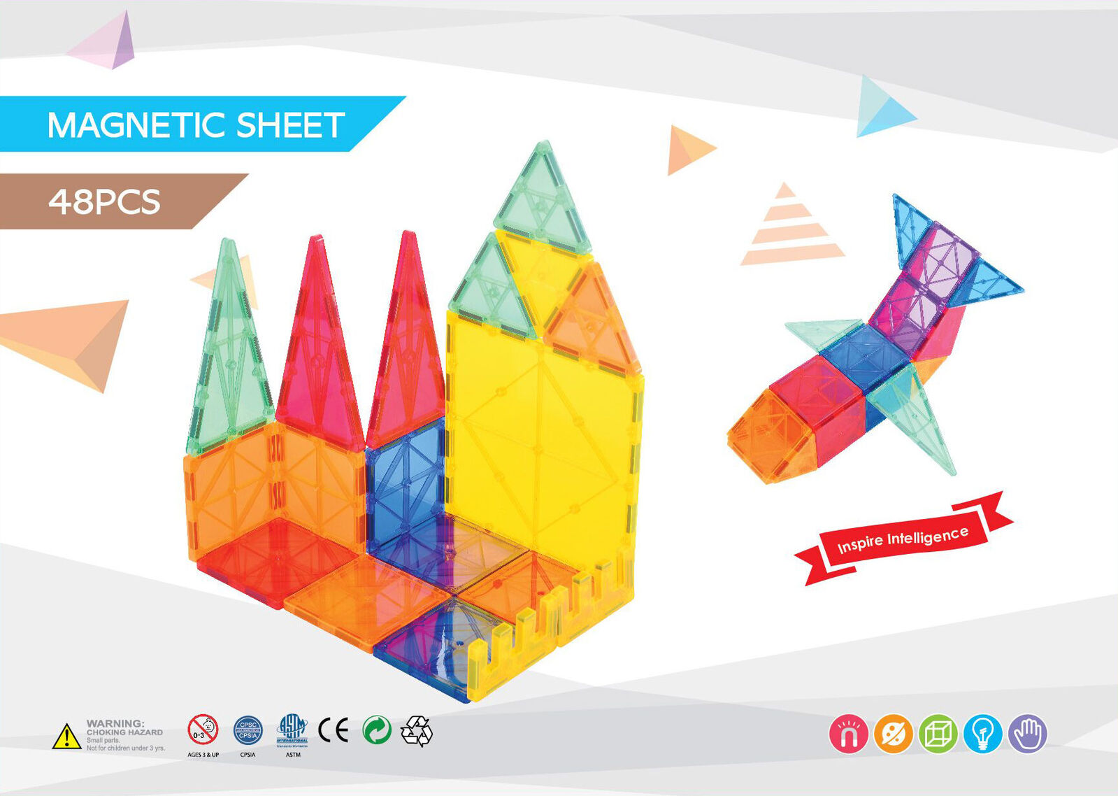 48 Pcs non-toxic STEM Educational, Durable Magnetic Tiles/Puzzle with Storage Bag