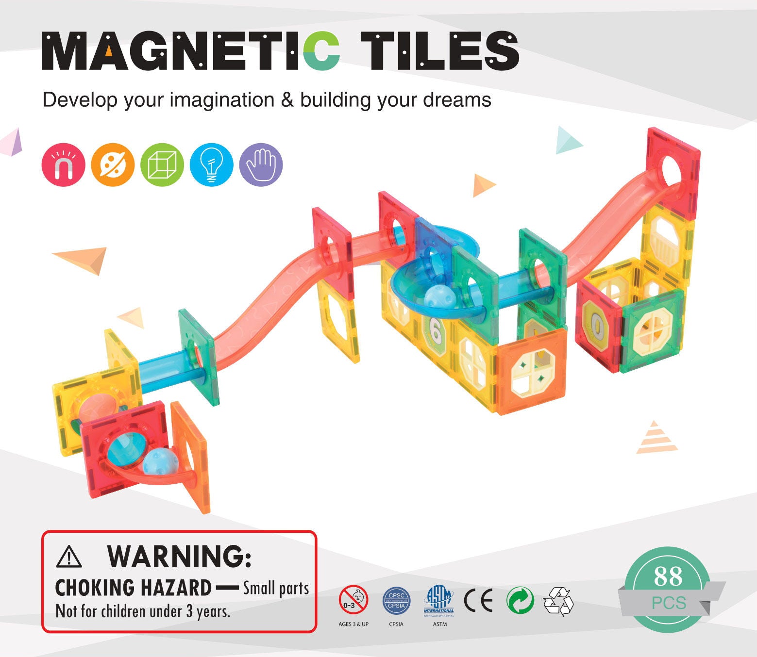88 Pcs non-toxic STEM Educational, Durable Magnetic Tiles/Puzzle with Storage Bag