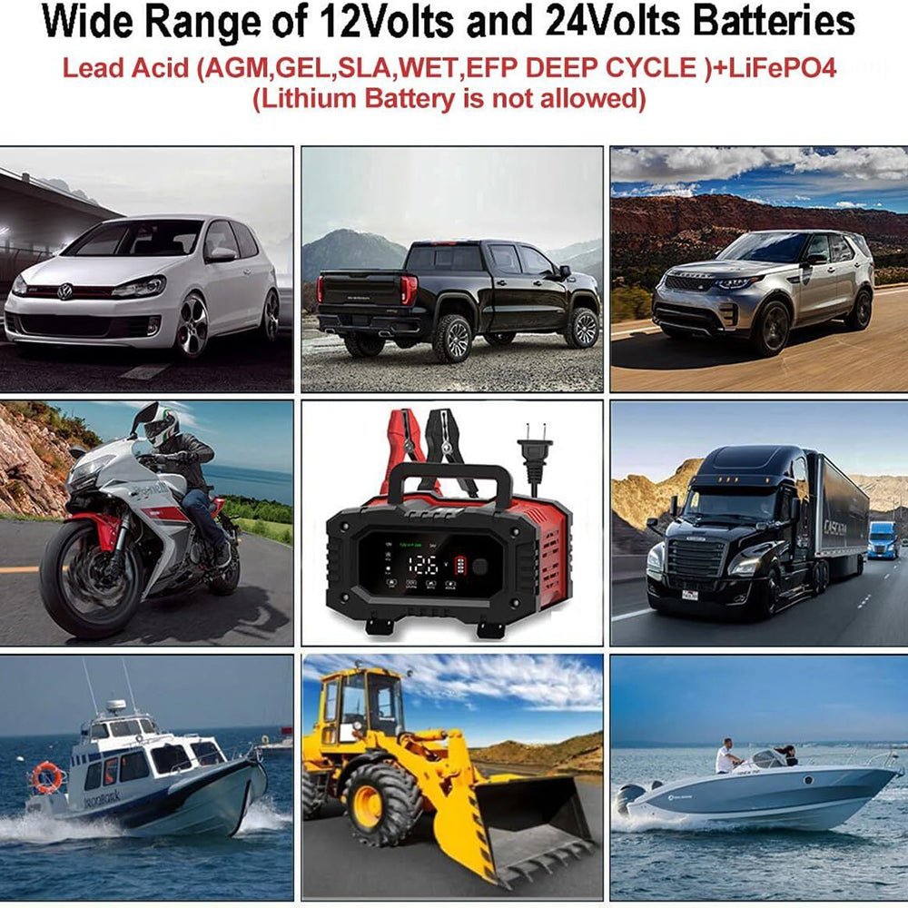 12V 20A/24V 10A Smart Car Battery Charger for Lead Acid LiFePo4 AGM Moto Battery