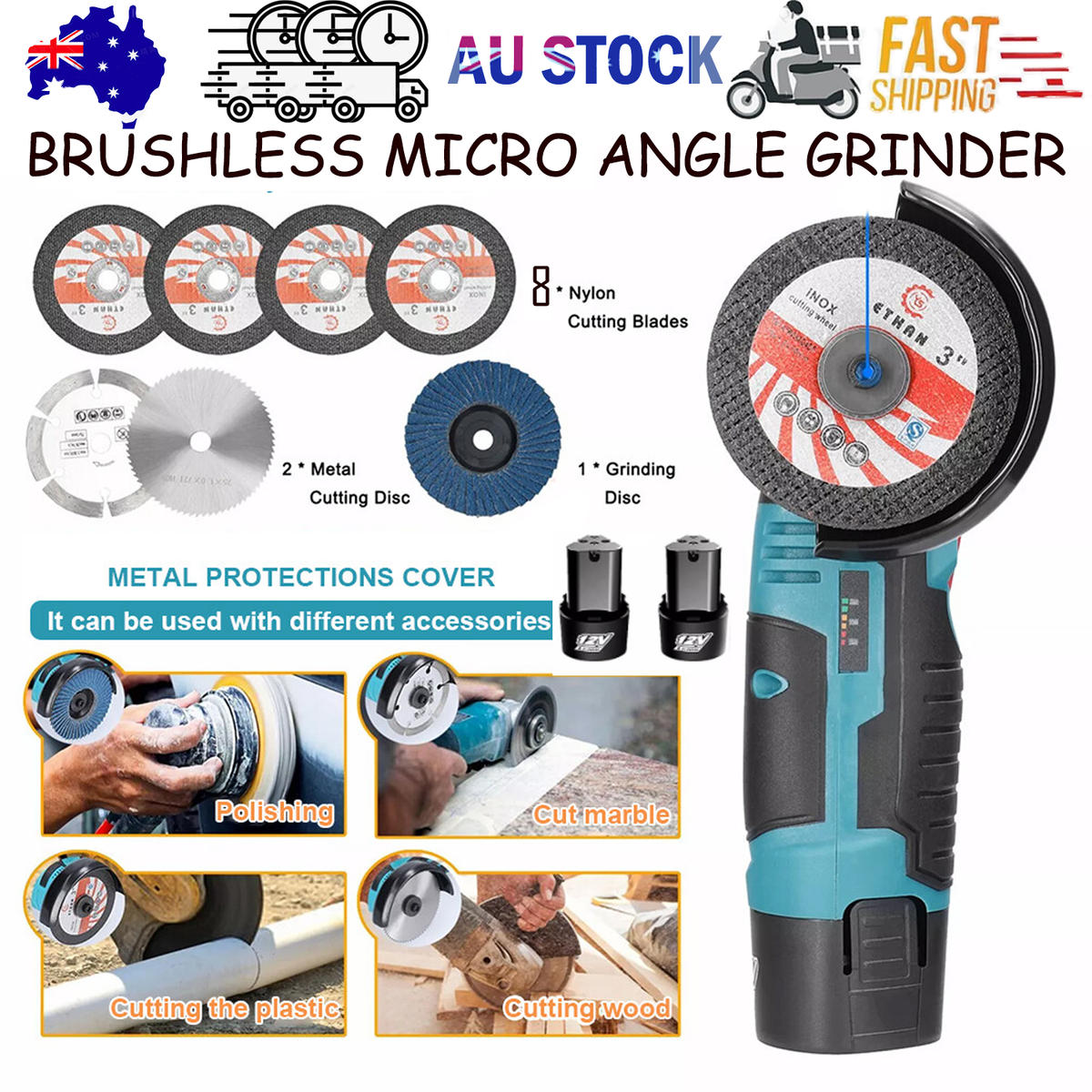 800W Mini Cordless Brushless Angle Grinder Cutting Tool W/ 2x Battery &amp; Charger