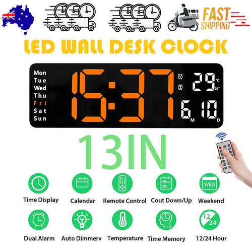 13&quot; Orange Large Digital Big Jumbo LED Wall Desk Clock Display With Temperature Calendar