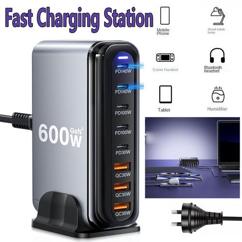 600W GaN³ 8 Ports Fast Charging Station USB&amp;Type-C for iPhone, Laptops, MacBook