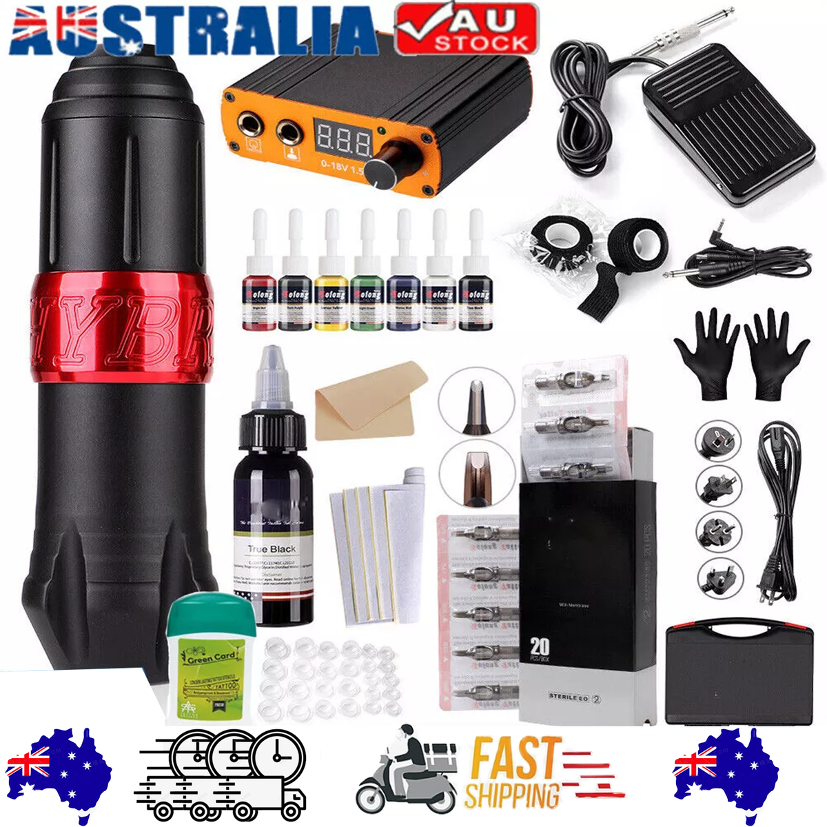 92PCS Upgrade Complete Tattoo Kit rotary tattoo pen 8Inks 40Needle Practice Skin