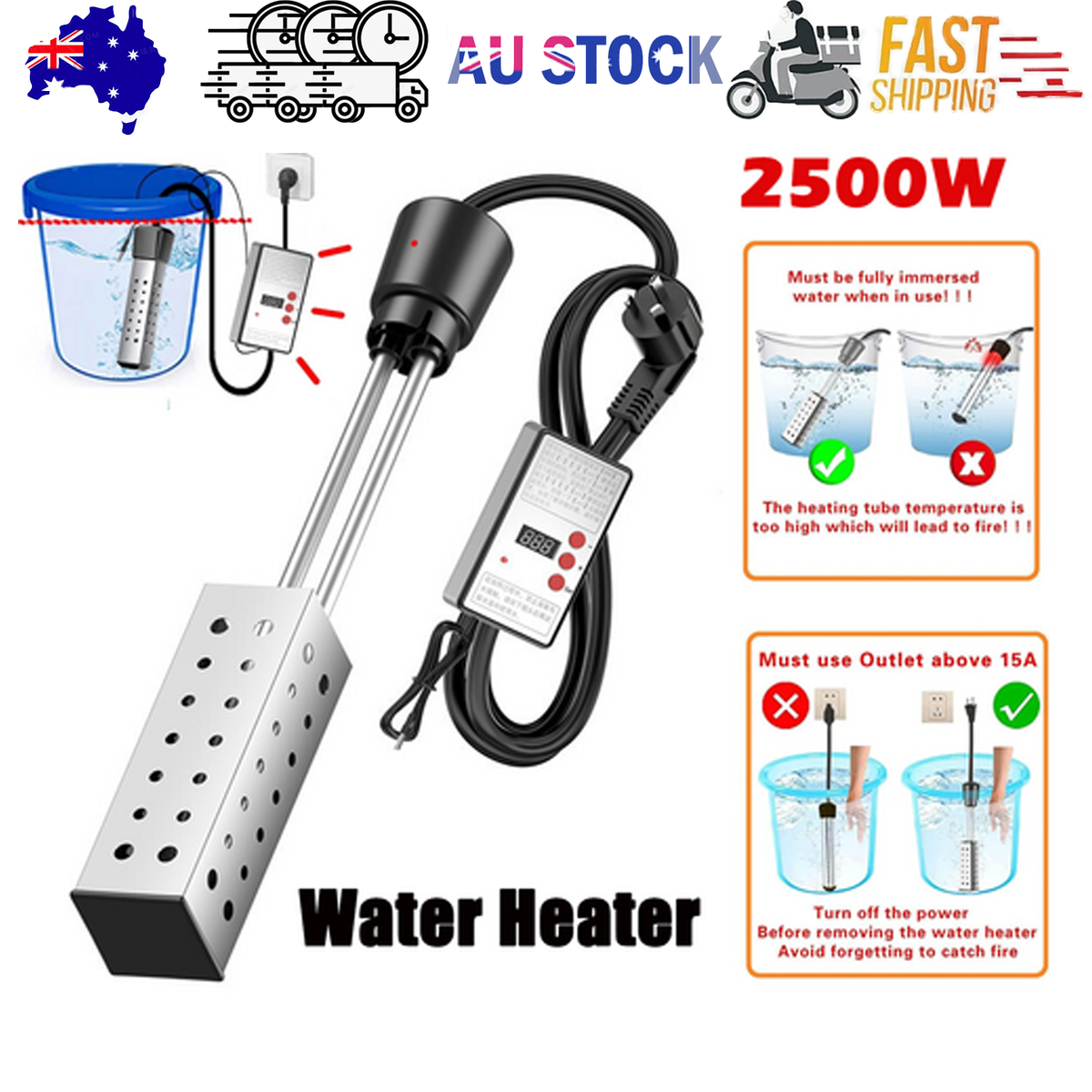 Portable Electric Immersion Water Heater Boiler &amp;Thermostat Auto Shut off 2500W