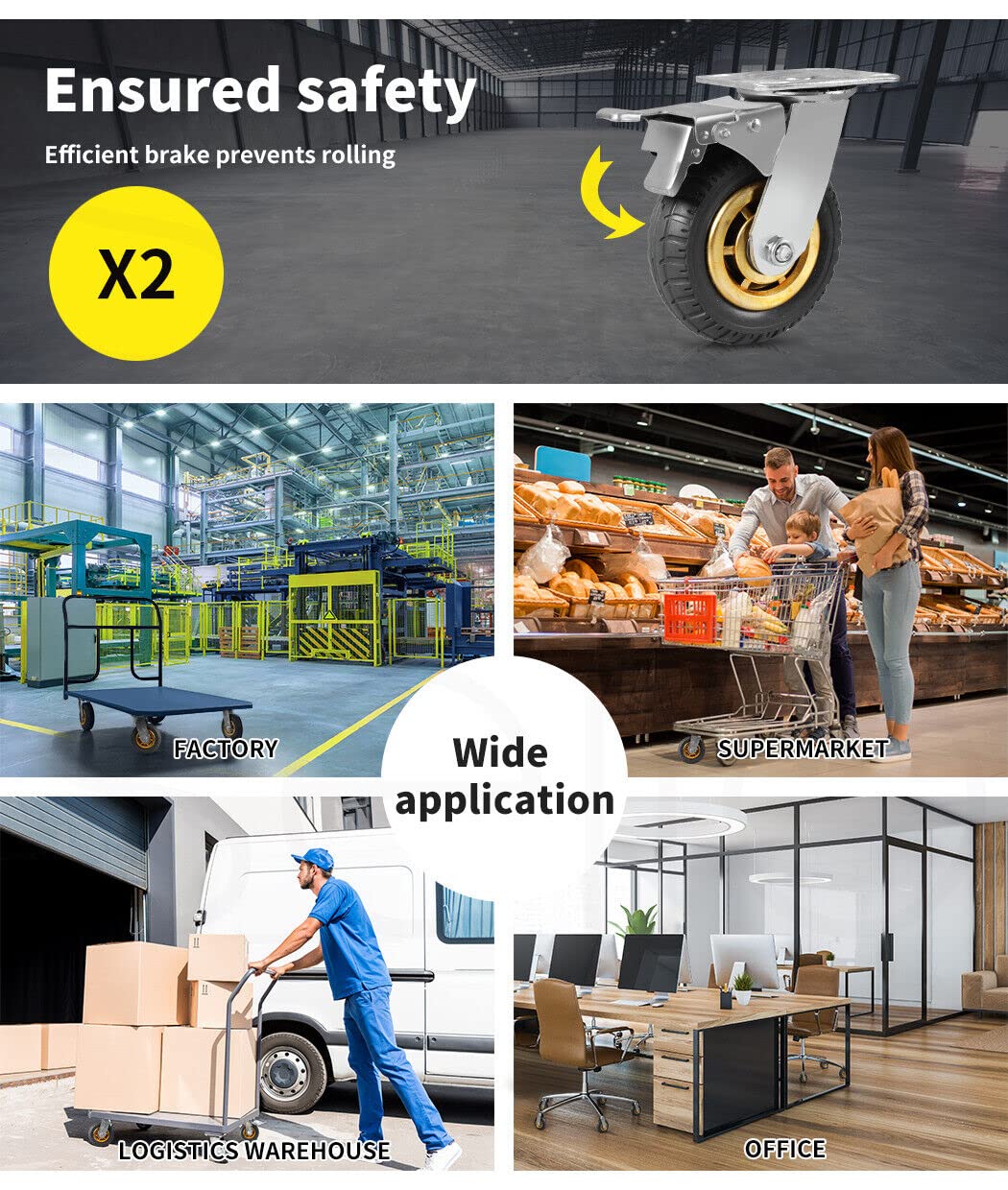 4X 6" / 150mm Heavy Duty Swivel Caster Wheels Castor 1000KG Load,2 with Brakes