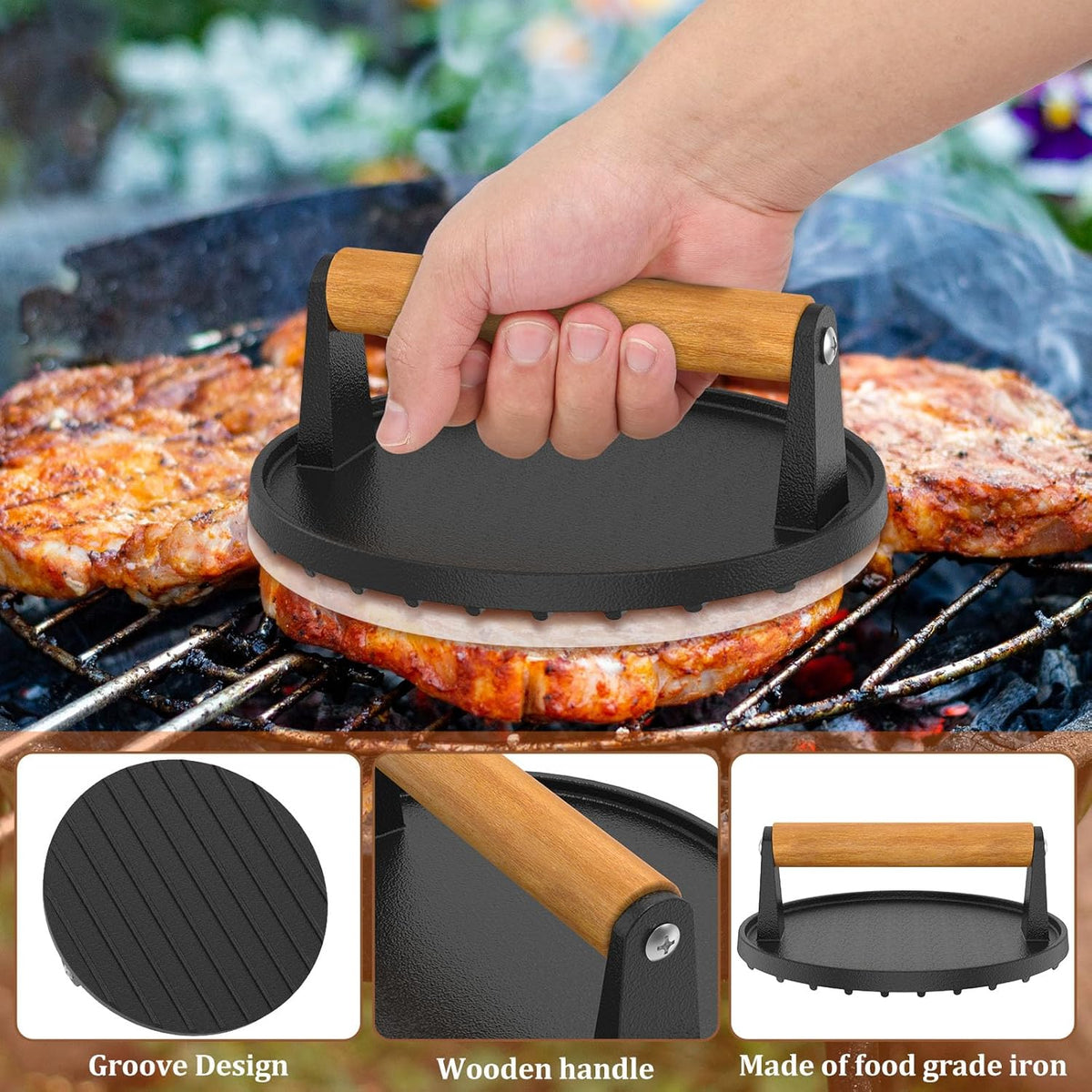 7" Heavy Duty Burger Press W/ Solid Wood Handle for Meat Smasher Hamburger Steak