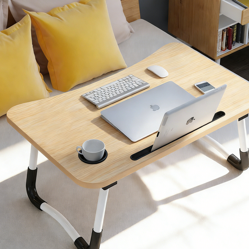 Light Wood Laptop Stand Table Foldable Desk Computer Study Bed Adjustable Cup Slot Tray