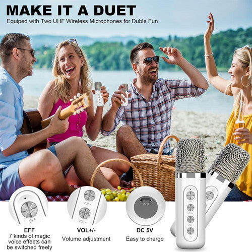 Sliver Karaoke Machine with 2 Wireless Microphones Bluetooth-Compatible 5.0 for Parties