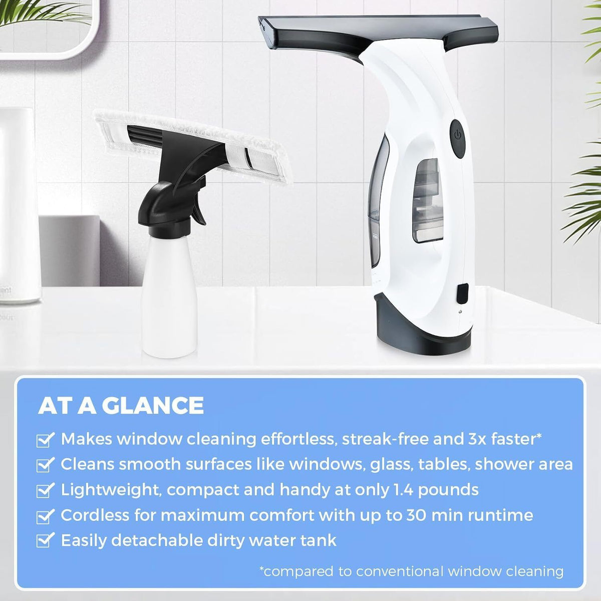 150ml Cordless Window Vacuum Cleaner Set for Windows Tiles Mirrors Shower Home