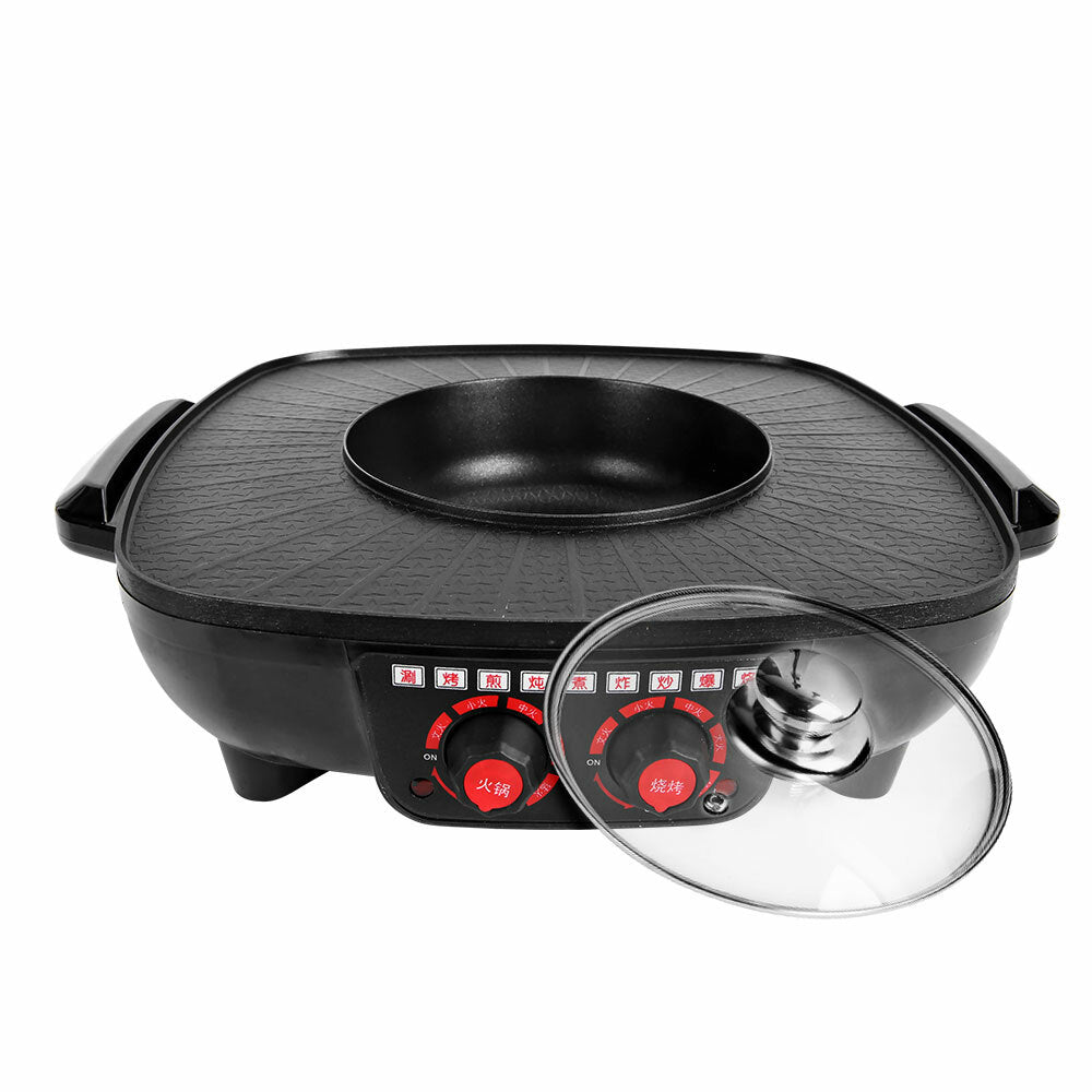 Electric 2 in 1 Hot Pot BBQ Oven Smokeless Barbecue Pan Grill Hotpot Machine