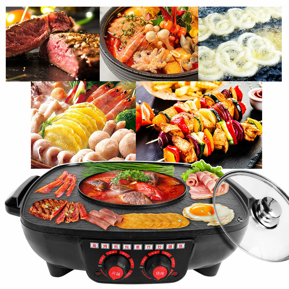 Electric 2 in 1 Hot Pot BBQ Oven Smokeless Barbecue Pan Grill Hotpot Machine