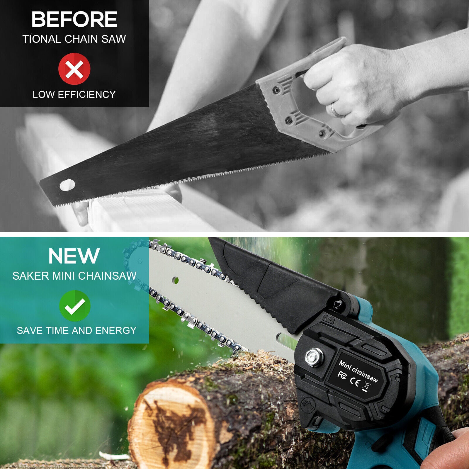 6" Mini Cordless Electric Chainsaw 2X Battery-Powered Wood Cutter Rechargeable