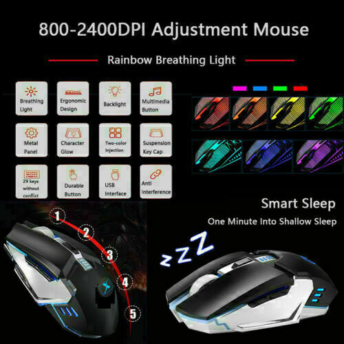 104 Keys Wireless Gaming Keyboard Mouse Set+Mouse Pad, RGB LED Backlit PC/Laptop Black-Rainbow