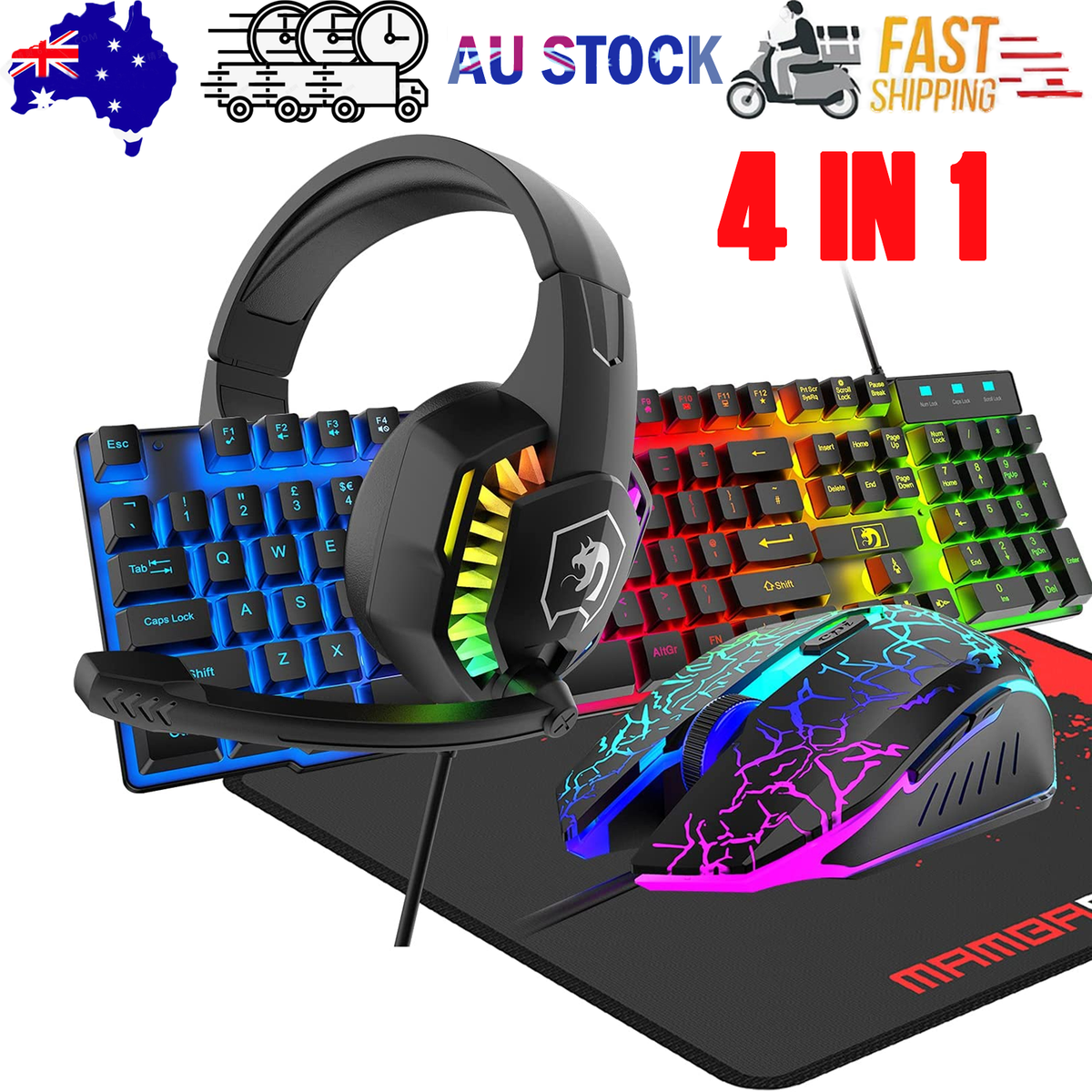 Gaming Keyboard &amp; Mouse &amp; Headset &amp; Mousepad Set RGB Backlit Wired for PC Laptop