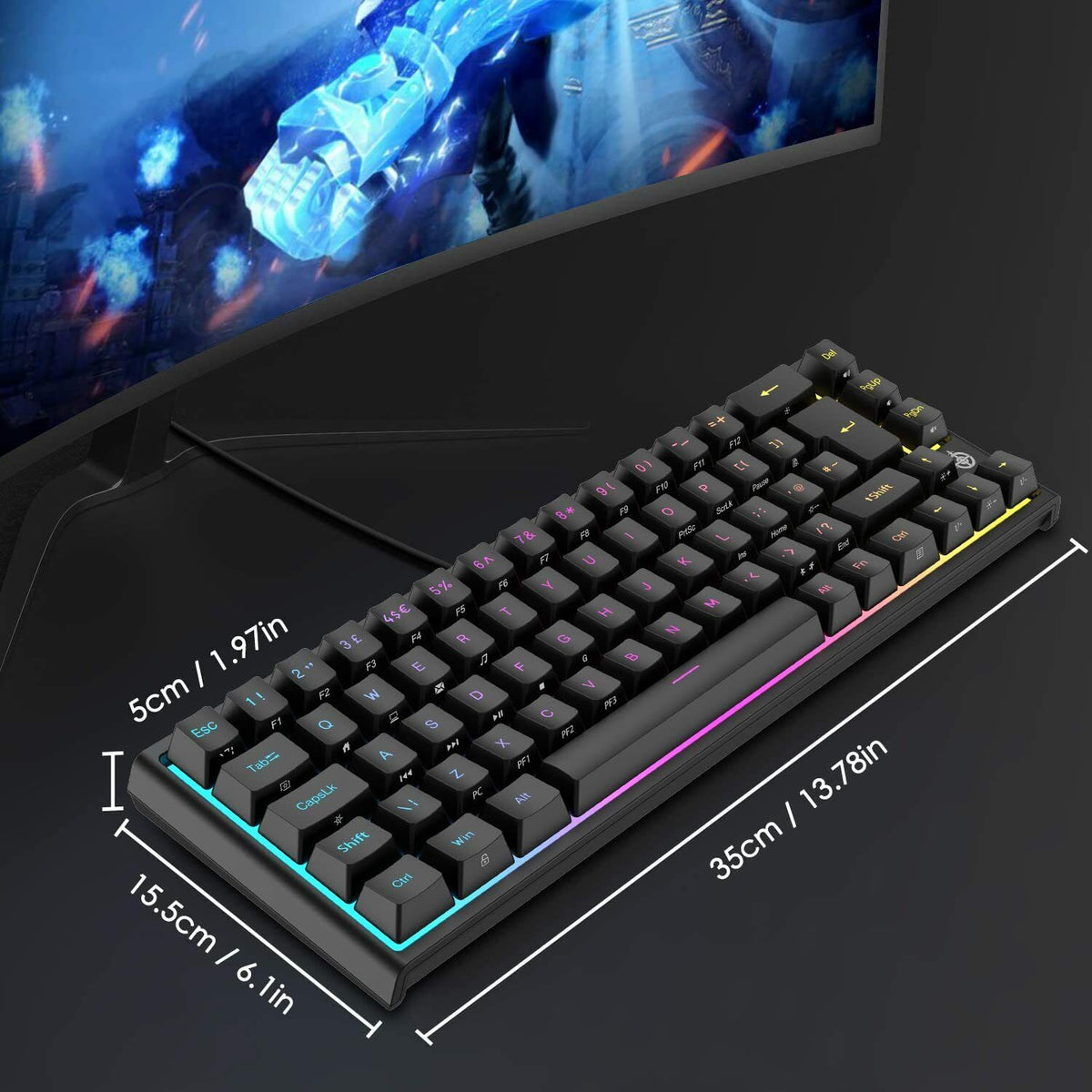 67 Keys Layout Design Mechanical Gaming Keyboard PC PS4 RGB Backlight Wired USB Black