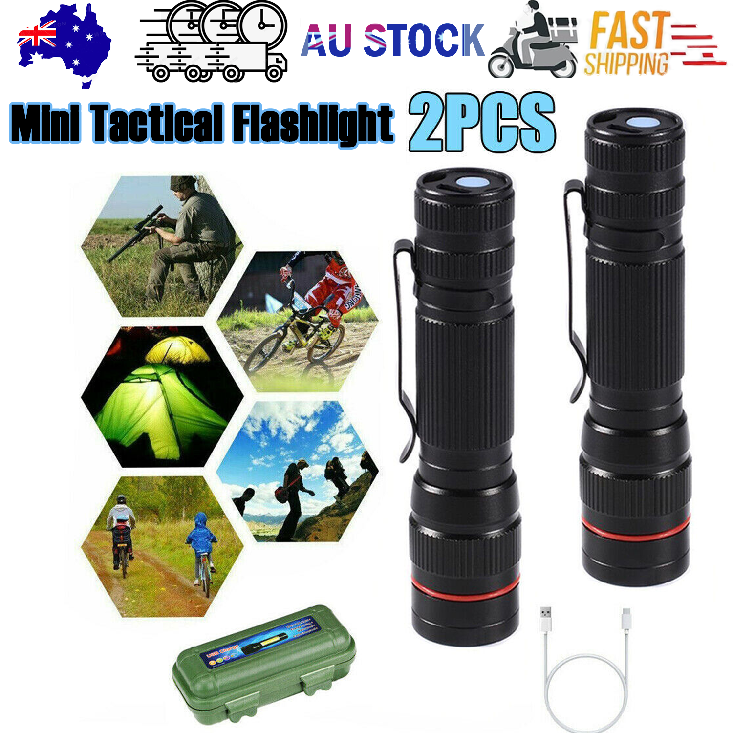 2x Mini Tactical Flashlight Small LED Torch 3 Mode Super Bright Light Clip Lamp