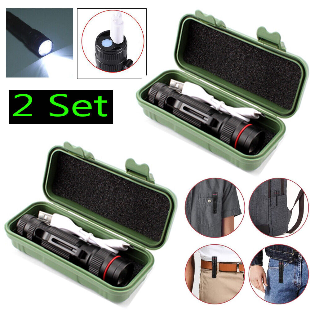 2x Mini Tactical Flashlight Small LED Torch 3 Mode Super Bright Light Clip Lamp