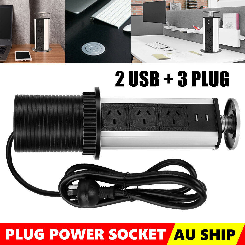 Pop Up Power Point 3 Socket Plug + 2 USB Table Home Kitchen Desk Outlet