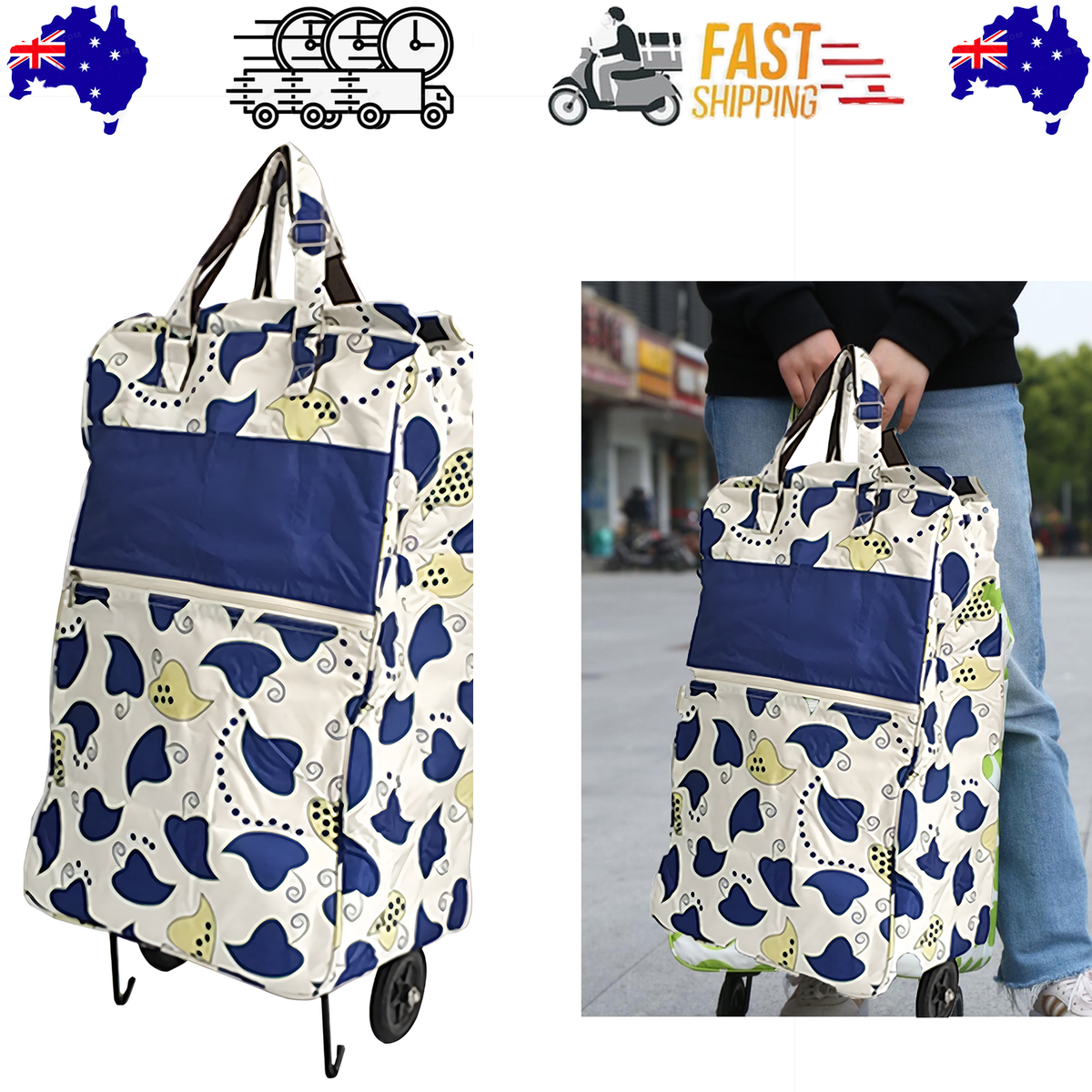 Shopping Trolley Cart Bag Foldable Wheels Carts Bags Market Luggage Basket blue leaves