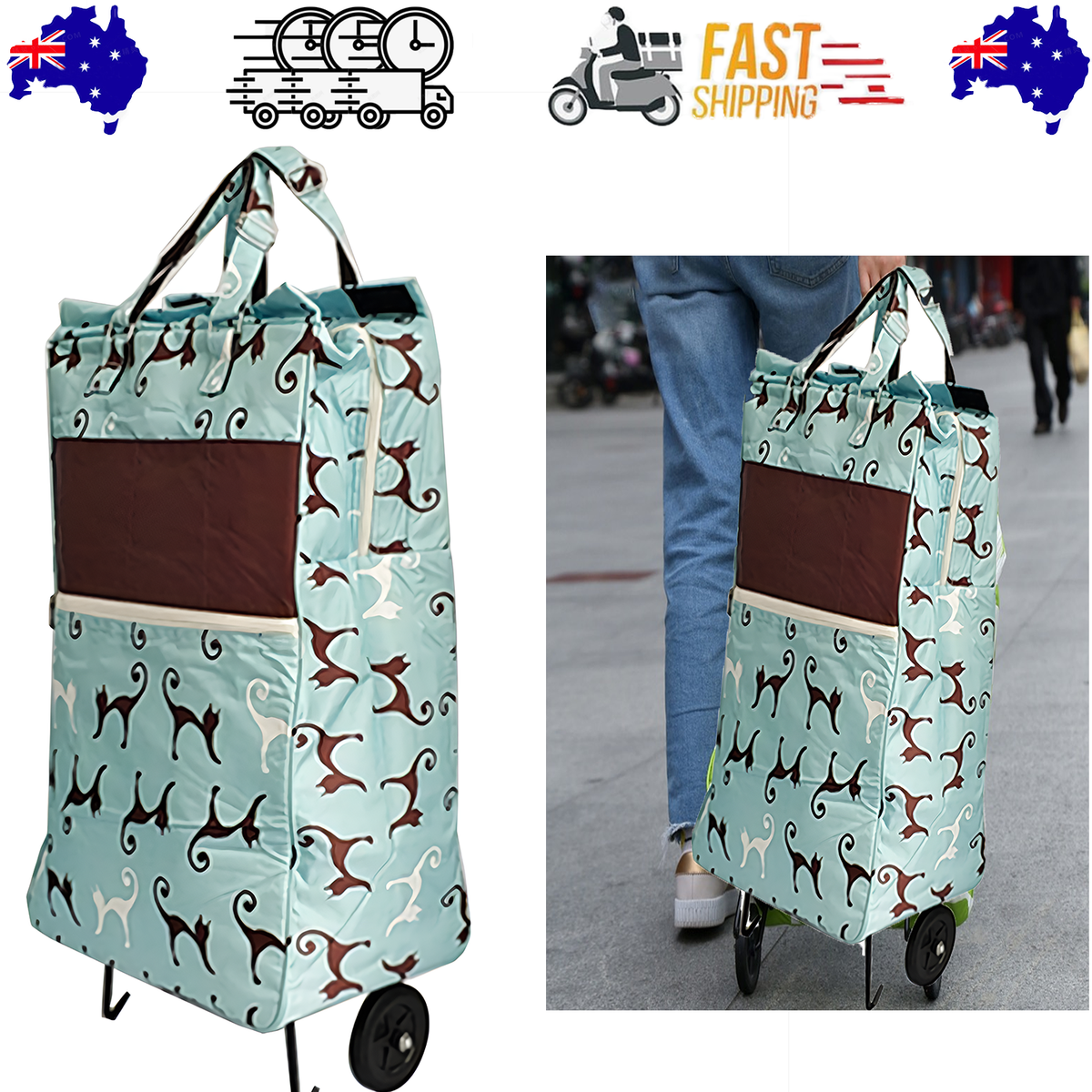Shopping Trolley Cart Bag Foldable Wheels Carts Bags Market Luggage Basket sky blue cat