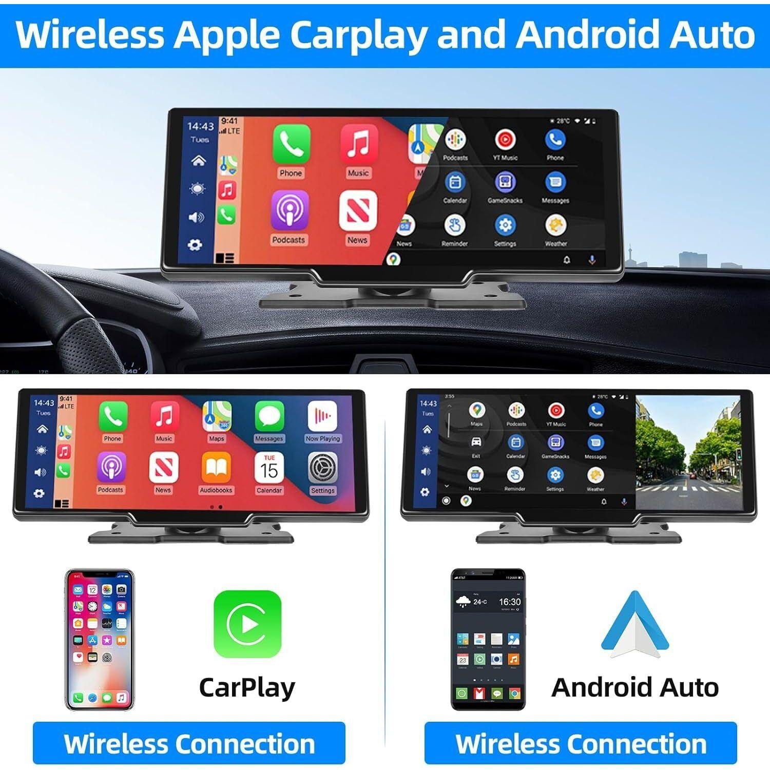 10.26" 4K Dash Cam Car Stereo For Apple Carplay & Android Auto GPS Rear Camera