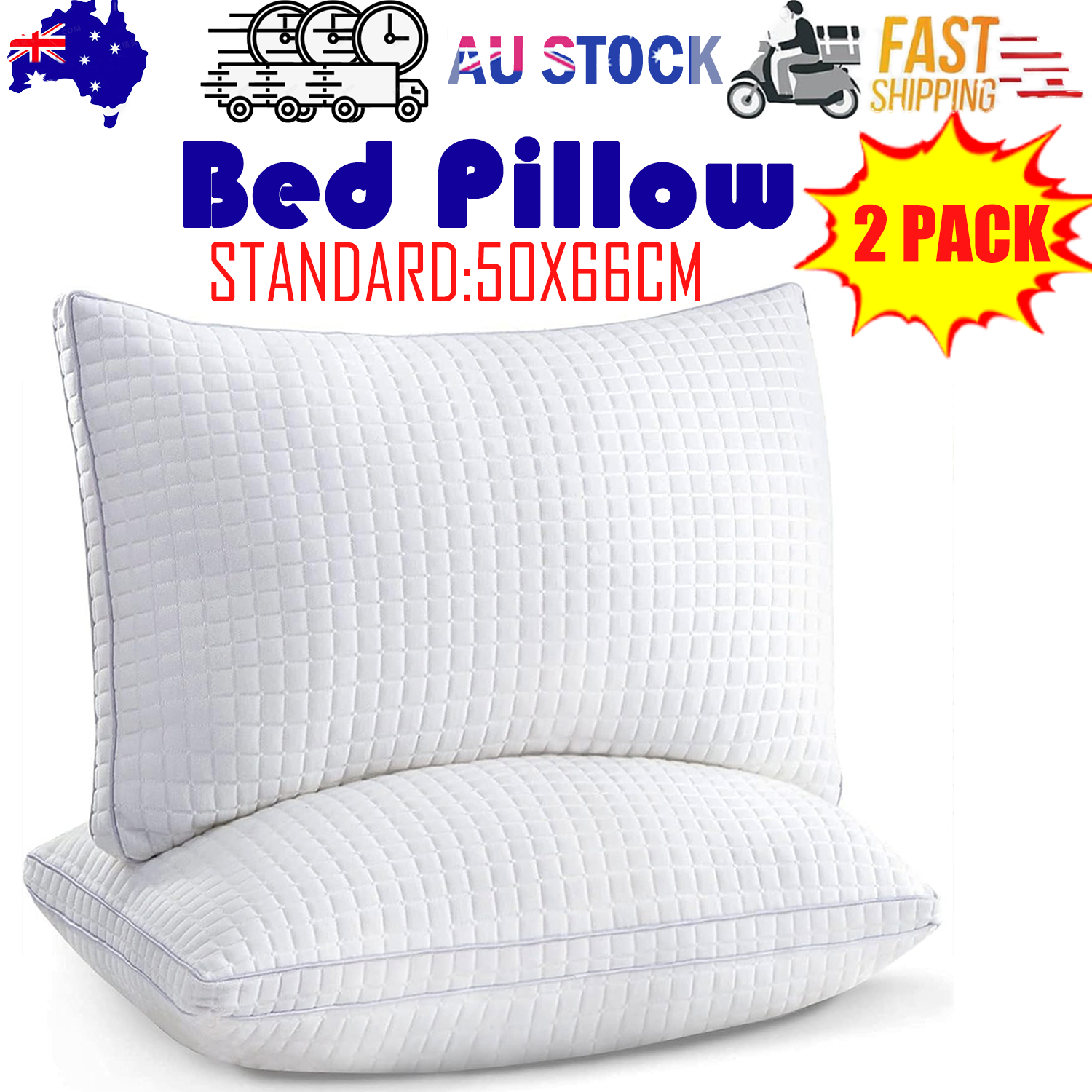 2xStandard Quality Pillows Cotton Hotel Adjustable Home Pillows Down Alternative Pillows
