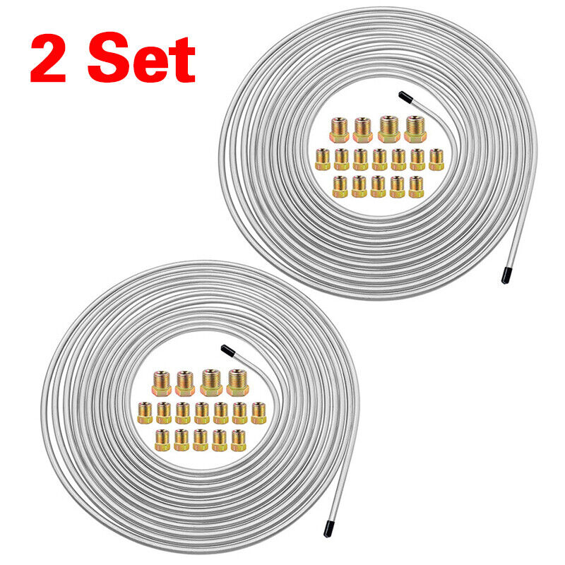 2 Packs 3/16 inch Brake Line Kit 25Ft Tube Rolls Zinc Steel with 32 Fittings NEW