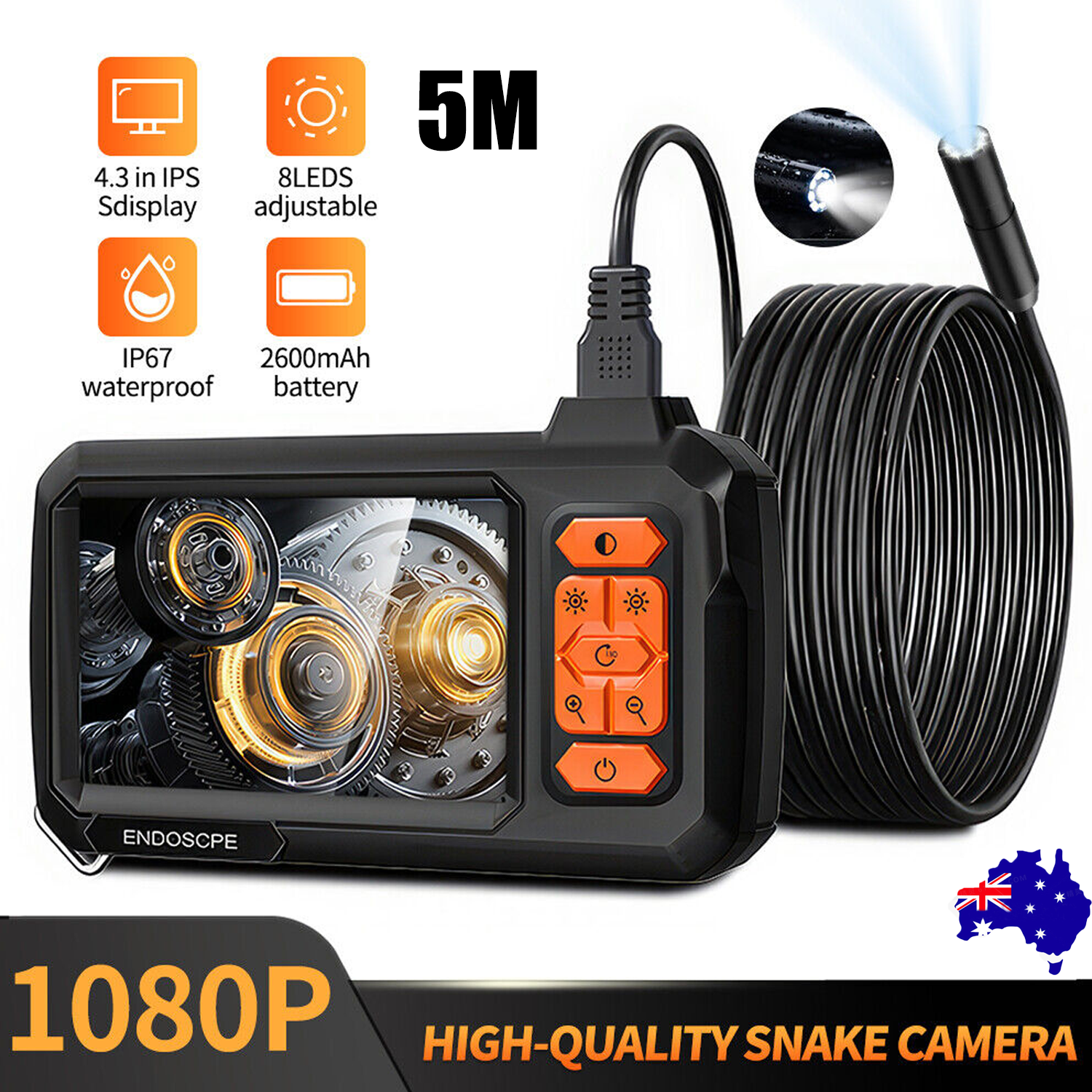 4.3" Screen Industrial Endoscope 8mm Borescope Inspection 1080P HD Camera 5M