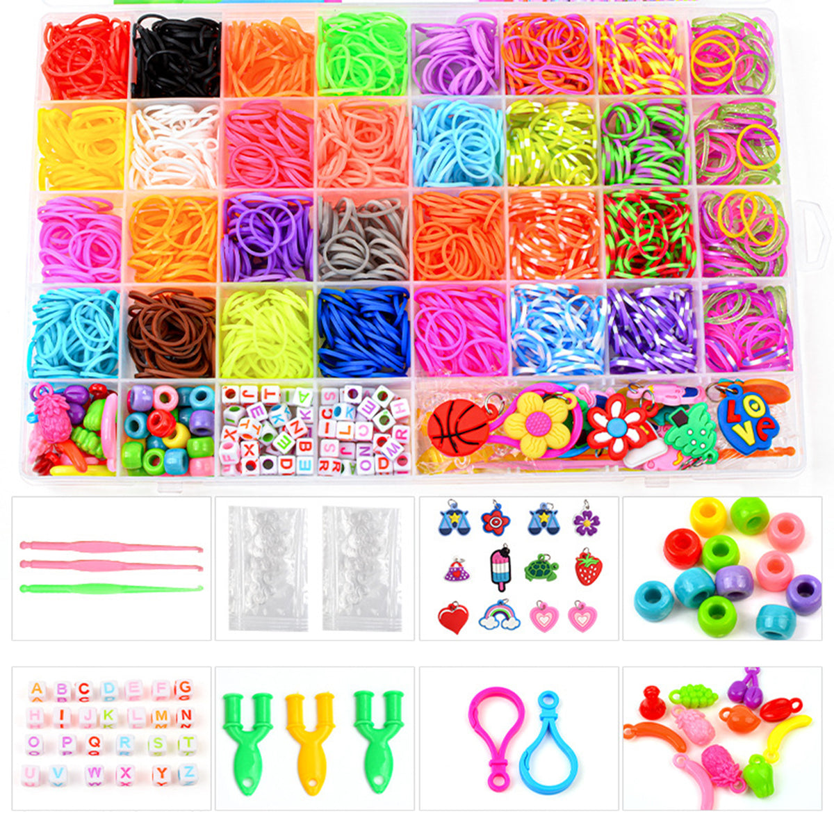 40Grids Rainbow Loom Bands Rubber Bracelet Making Kit S Clips Beads DIY Toys