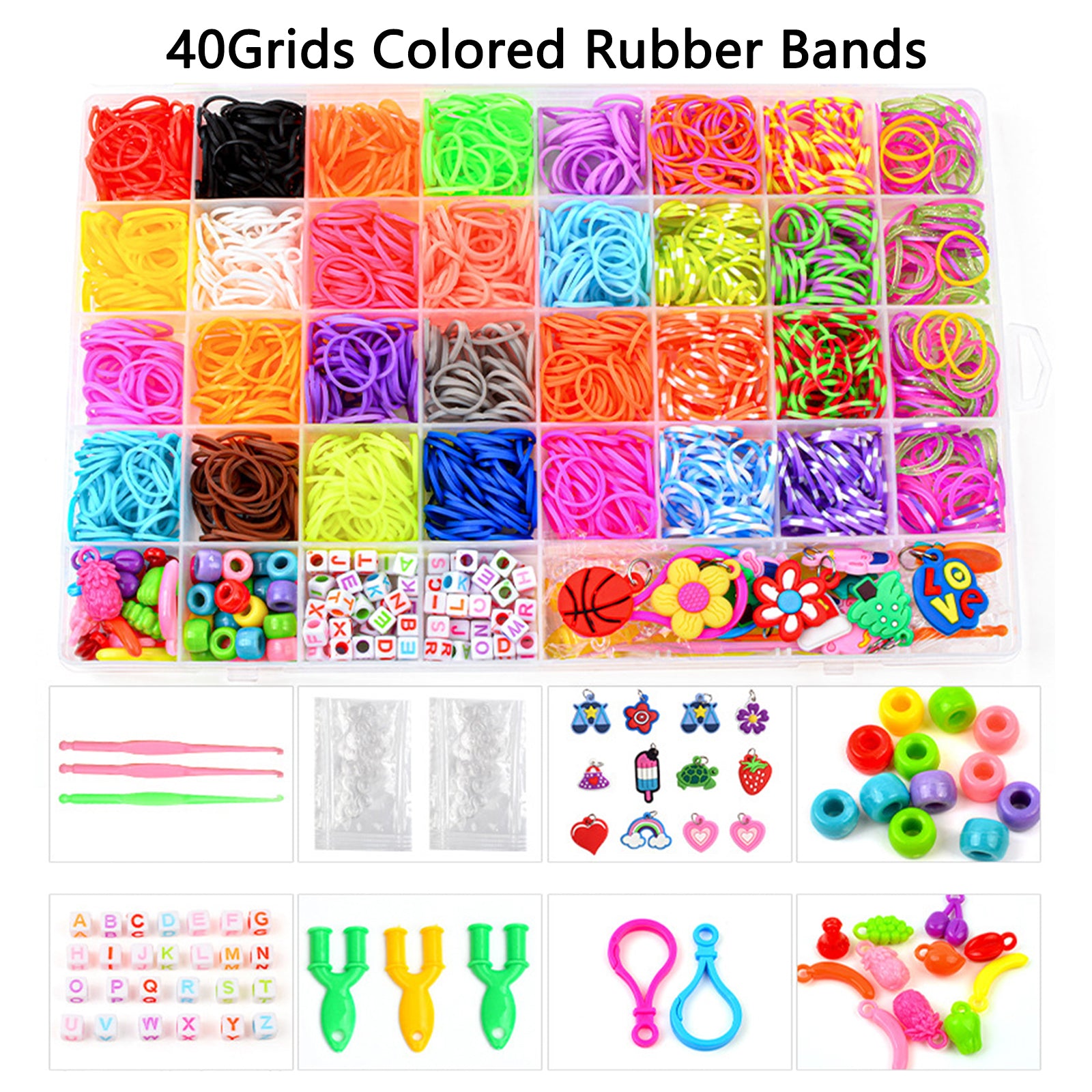 40Grids Rainbow Loom Bands Rubber Bracelet Making Kit S Clips Beads DIY Toys